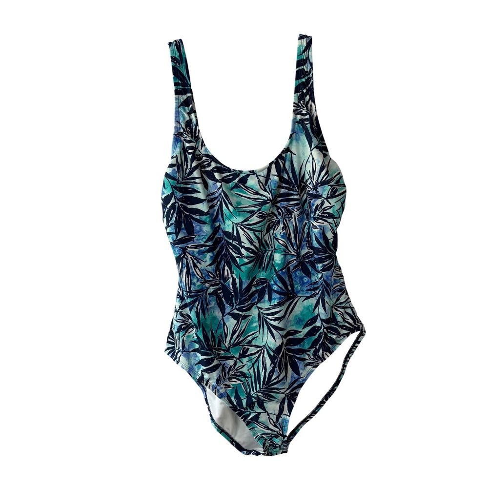 OP Ocean Pacific Womens Blue Tropical Palm Strappy Back One Piece Swimsuit XL